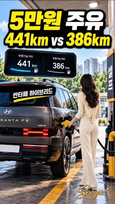 셀프 주유소에서 싼타페 하이브리드에 주유하는 장면과 주행가능거리 441km·386km 비교 화면이 담긴 썸네일